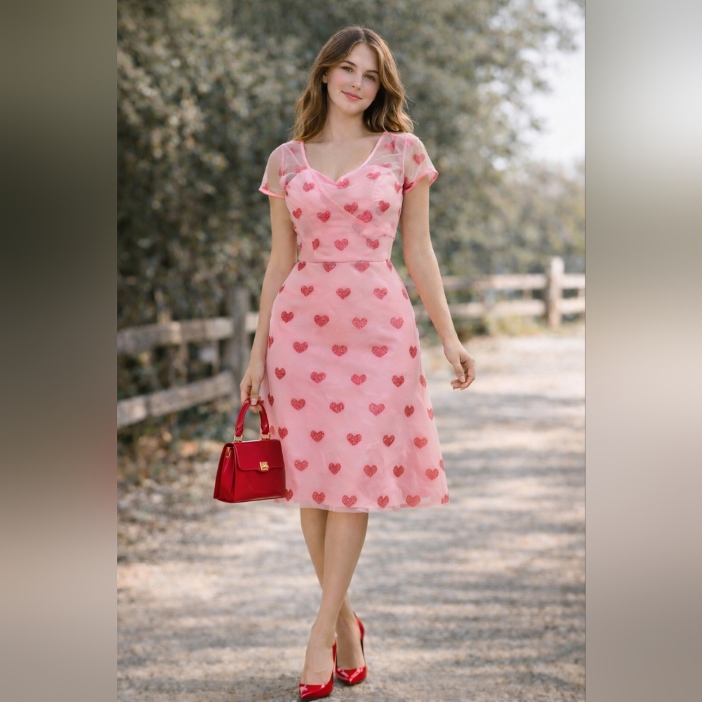 Unique Vintage Pink Heart Tea Dress with Sheer Overlay - Picture 2 of 3